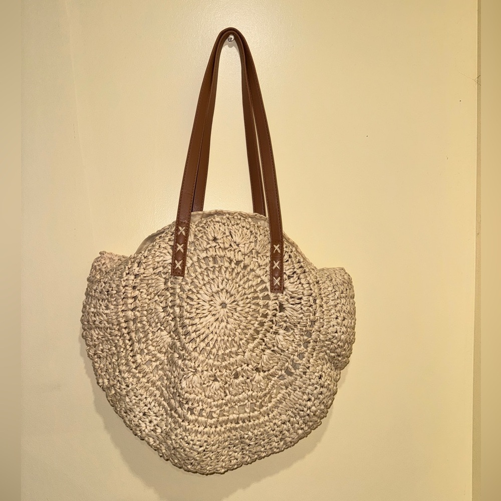 Beige Woven Tote Bag with Brown Straps - Picture 3 of 15